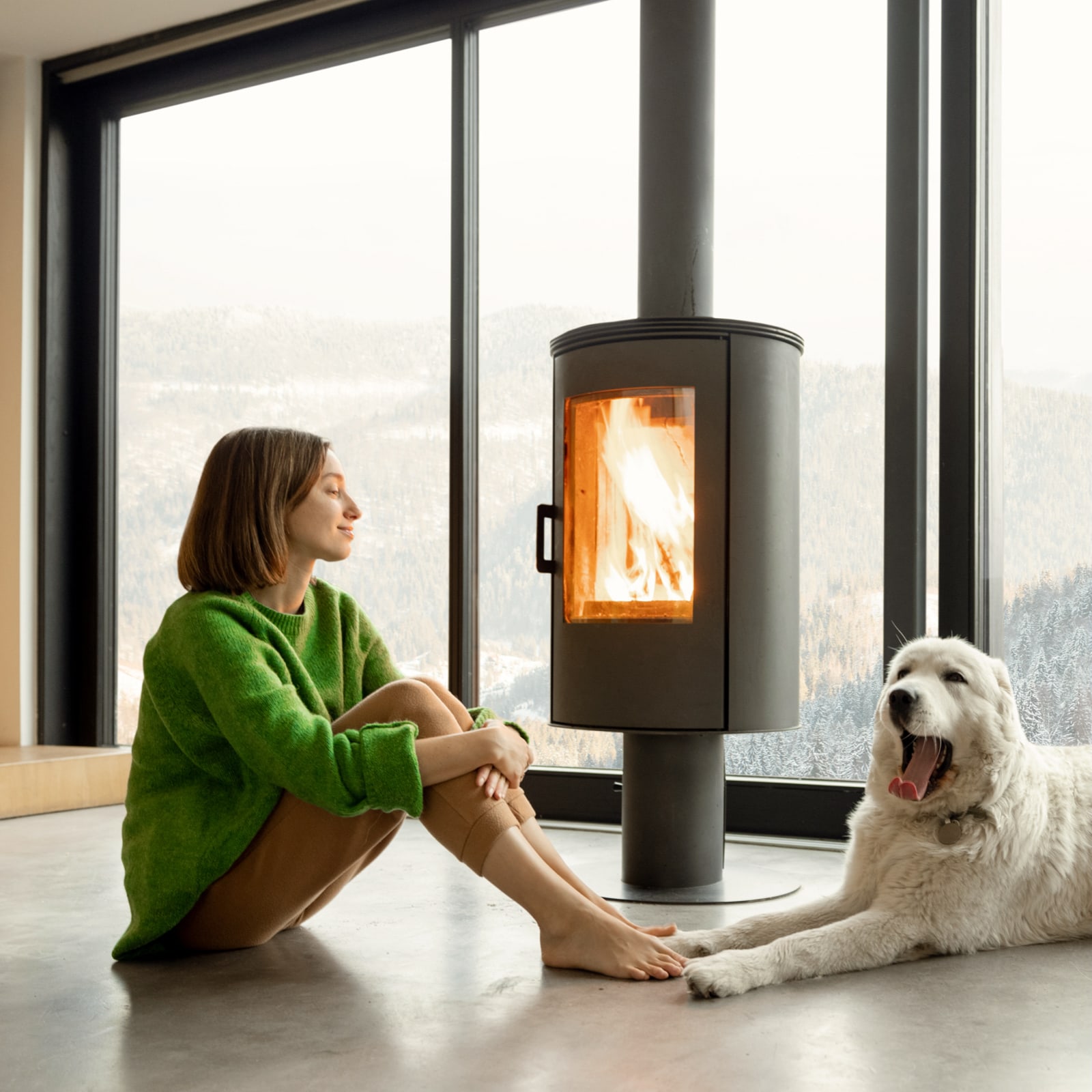 Een vrouw zit blootsvoets op de vloer naast een moderne houtkachel, samen met een grote witte hond, in een kamer met panoramische ramen en uitzicht op de bergen.
